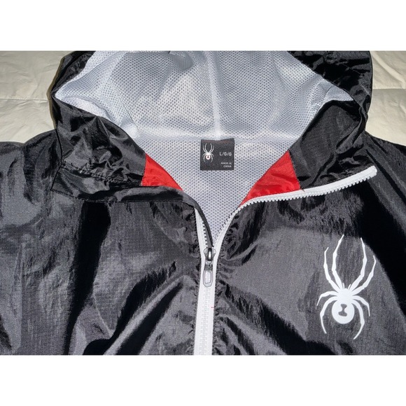 Spyder Mens Hooded Windbreaker Jacket Black Red Colorblock Large Mesh Lined - Picture 4 of 6